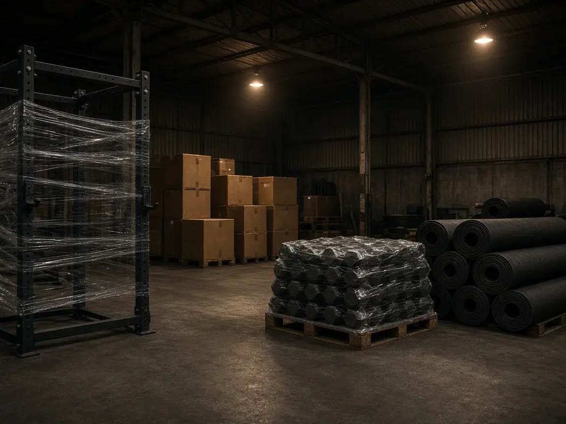 Equipos de gimnasio embalados y paletizados en un depósito industrial