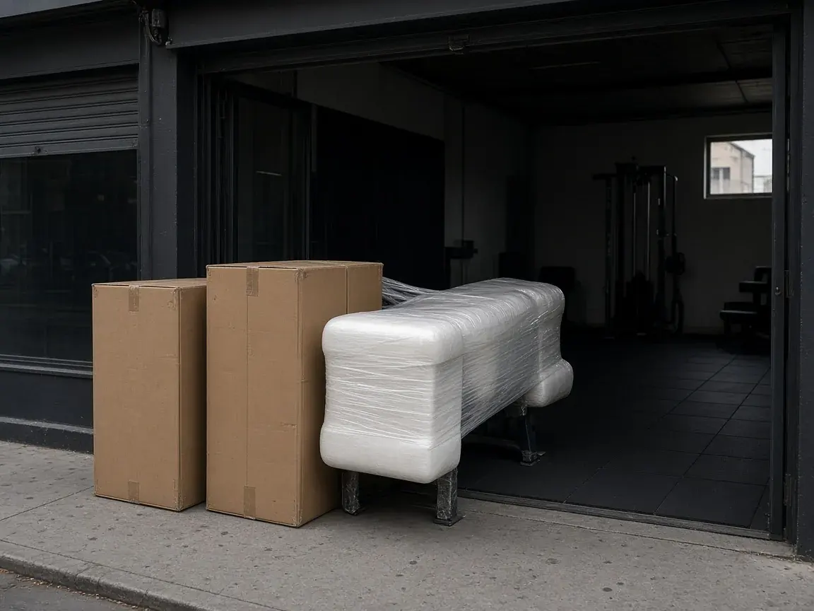 Cajas de equipamiento Atlas Fitness entregadas en la entrada de un gimnasio