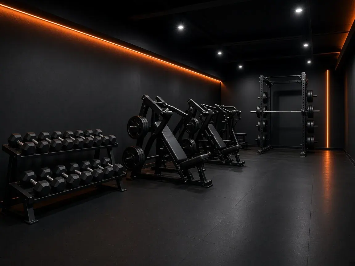 Sala de musculación recién instalada, con racks y máquinas de placas