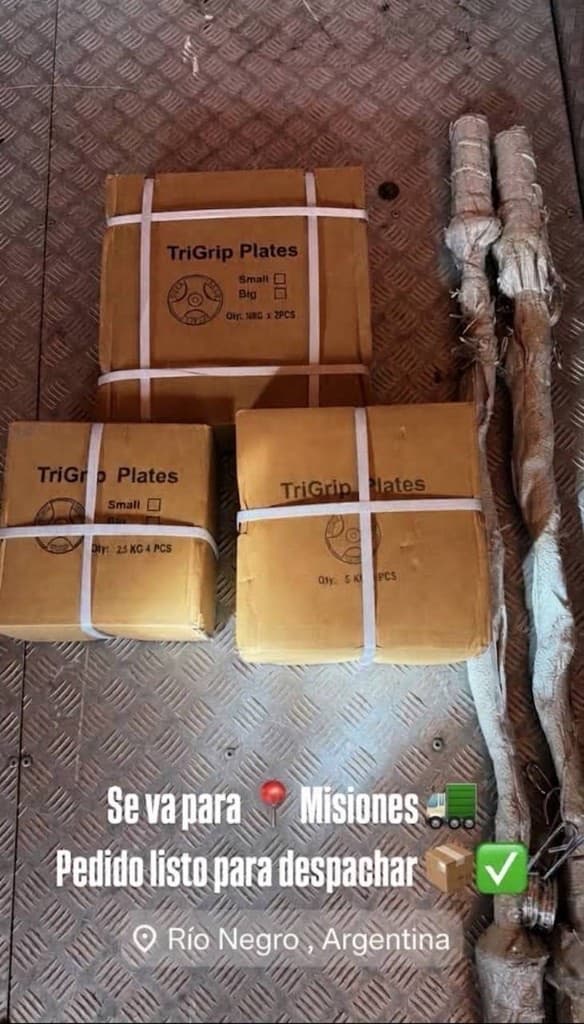Cajas de discos TriGrip embaladas, listas para despachar a Misiones.