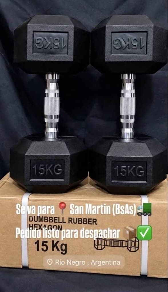 Par de mancuernas hexagonales de 15 kg listas para despachar a San Martín.