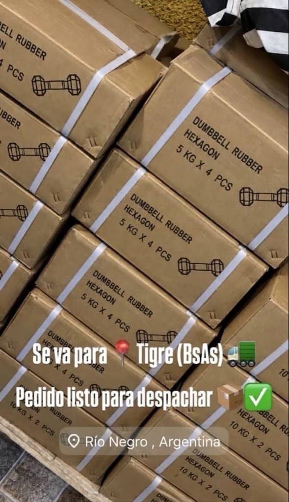 Cajas de mancuernas hexagonales de 5 kg listas para despachar a Tigre.
