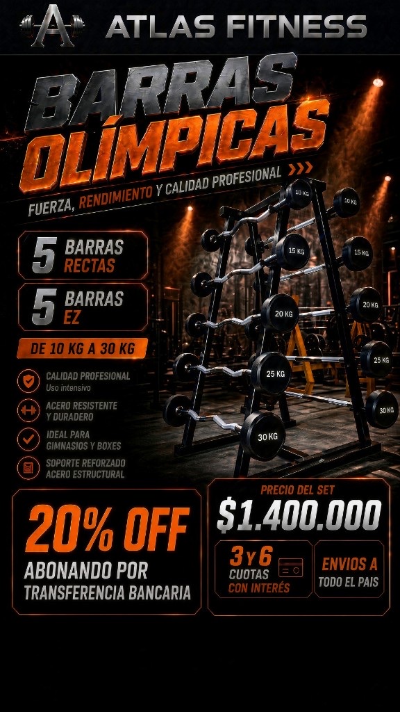 Set de barras olímpicas Atlas Fitness: 5 barras rectas y 5 barras EZ de 10 a 30 kg. Precio del set $1.400.000 con 20% off por transferencia.