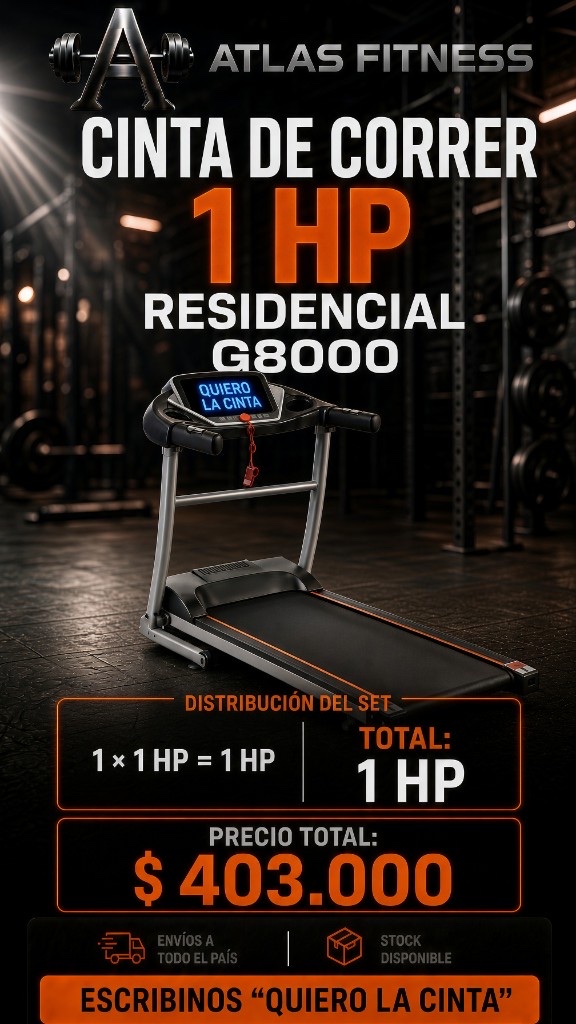 Cinta de correr residencial Atlas Fitness G8000 de 1 HP. Precio $403.000.