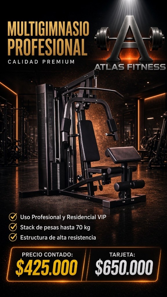 Multigimnasio profesional Atlas Fitness con stack de hasta 70 kg. Contado $425.000, con tarjeta $650.000.