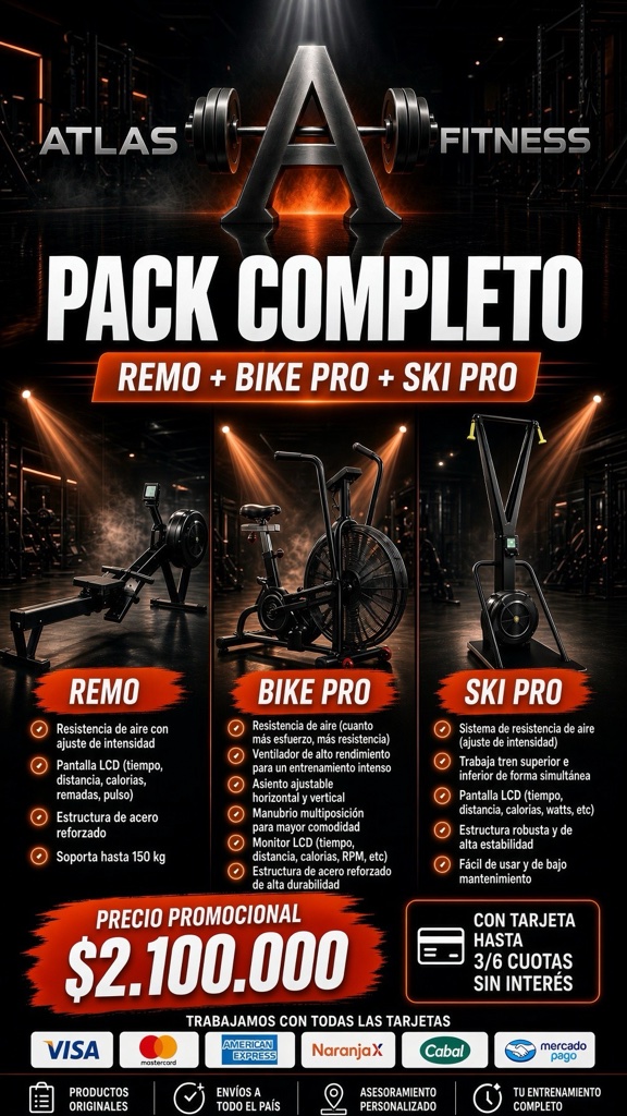 Pack completo Atlas Fitness: remo, Bike Pro y Ski Pro de resistencia de aire. Precio promocional $2.100.000, con tarjeta hasta 3 o 6 cuotas sin interés.