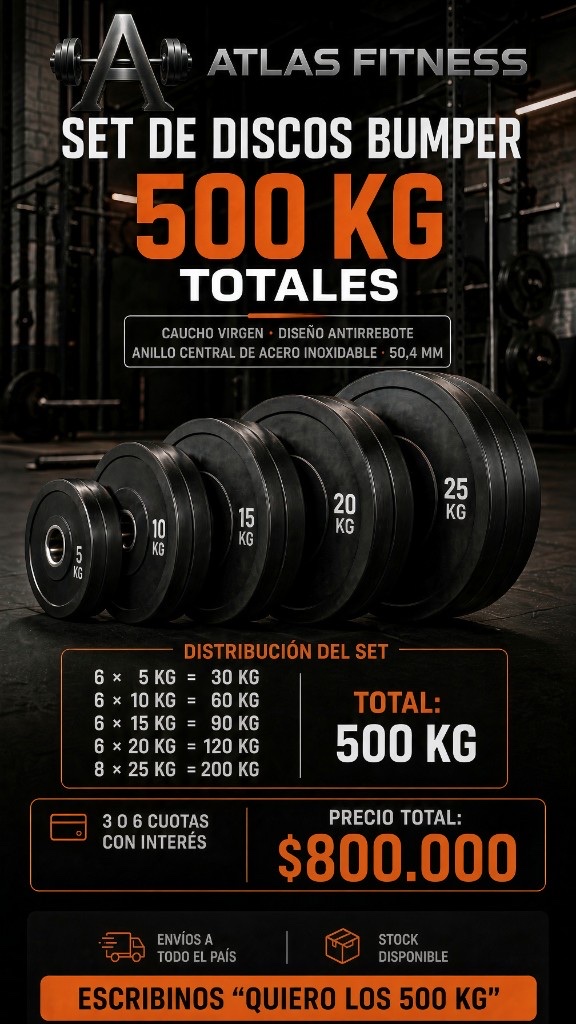 Set de discos bumper Atlas Fitness de 500 kg totales: 6 de 5 kg, 6 de 10 kg, 6 de 15 kg, 6 de 20 kg y 8 de 25 kg. Precio $800.000.